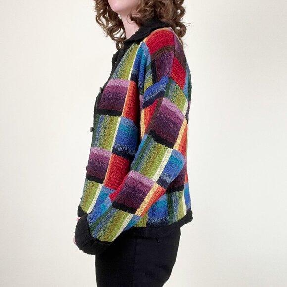 Vintage Rainbow Wool Cotton Cardigan Sweater Oversized Patchwork Eclectic Pride - Picture 3 of 8